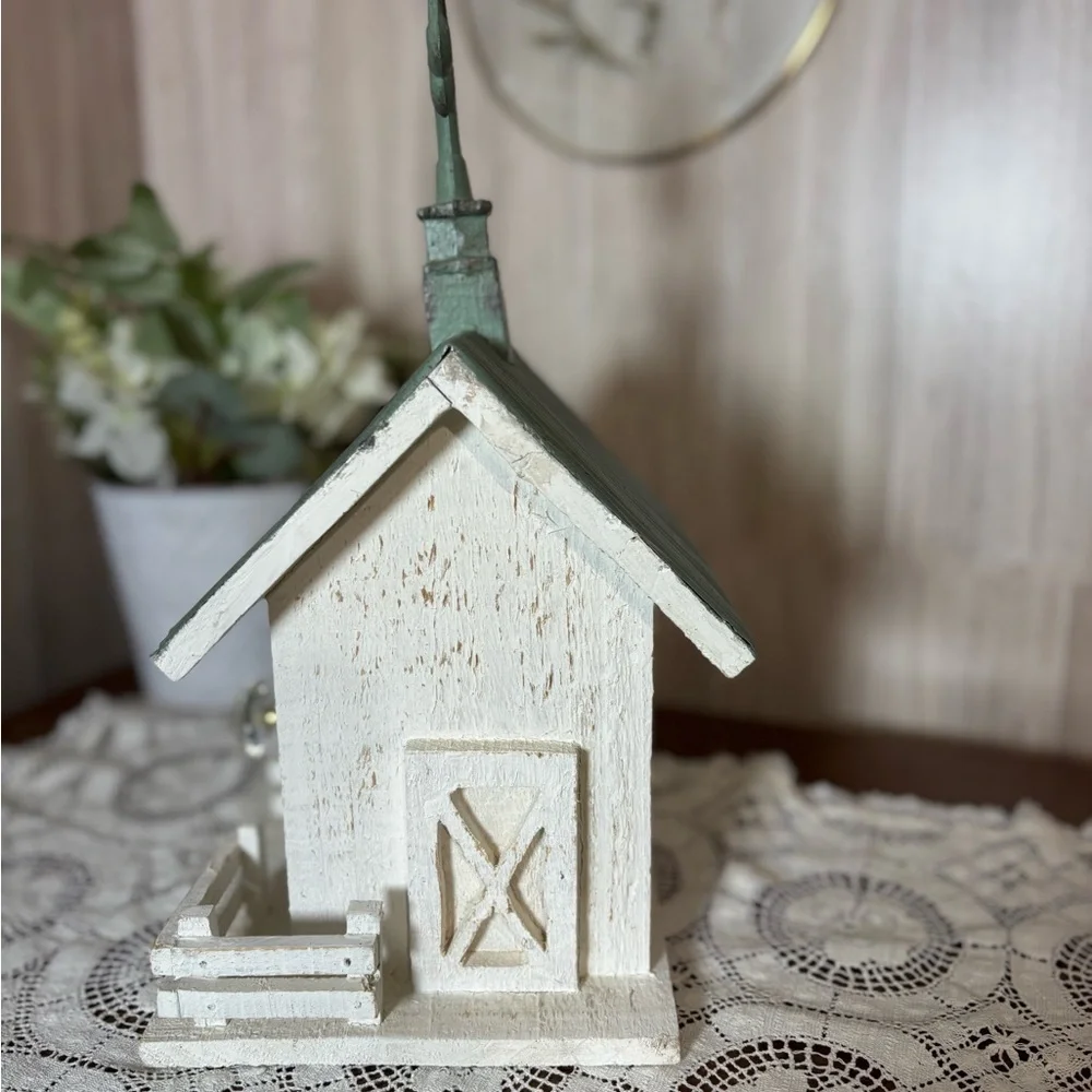 Elegant Handcrafted Green Cream Church Birdhouse Fleur-de-Lis Rustic Farmhouse